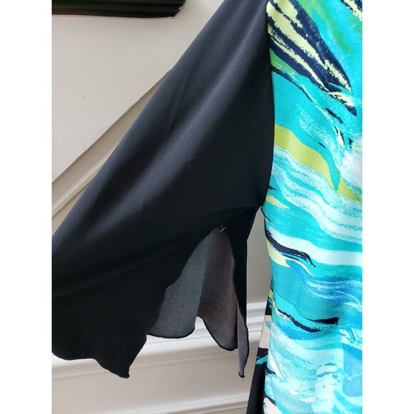 Fenn Wright Manson Shift Dress Women's 14 Multi Floral Stretch Bell Split Sleeve - Picture 6 of 13